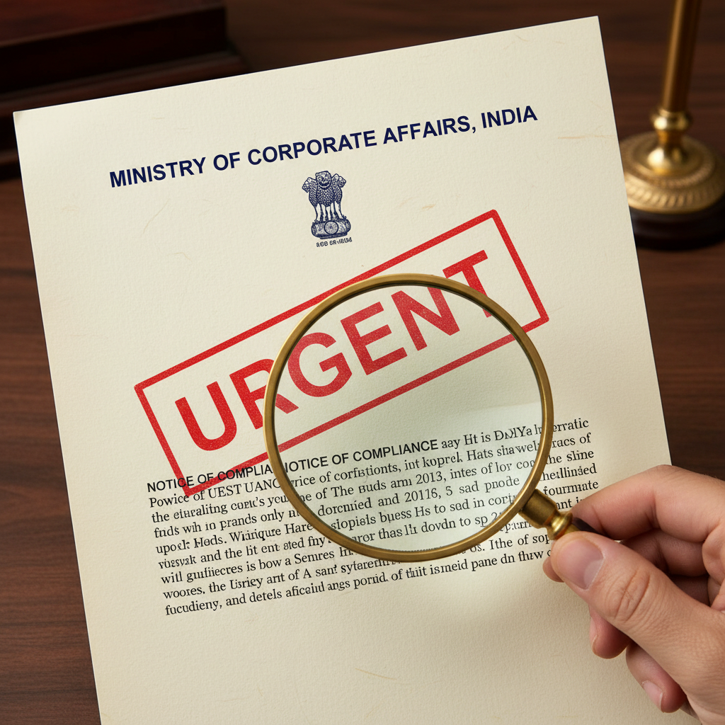 Official Indian Ministry of Corporate Affairs document under a magnifying glass, highlighting the urgency of compliance.