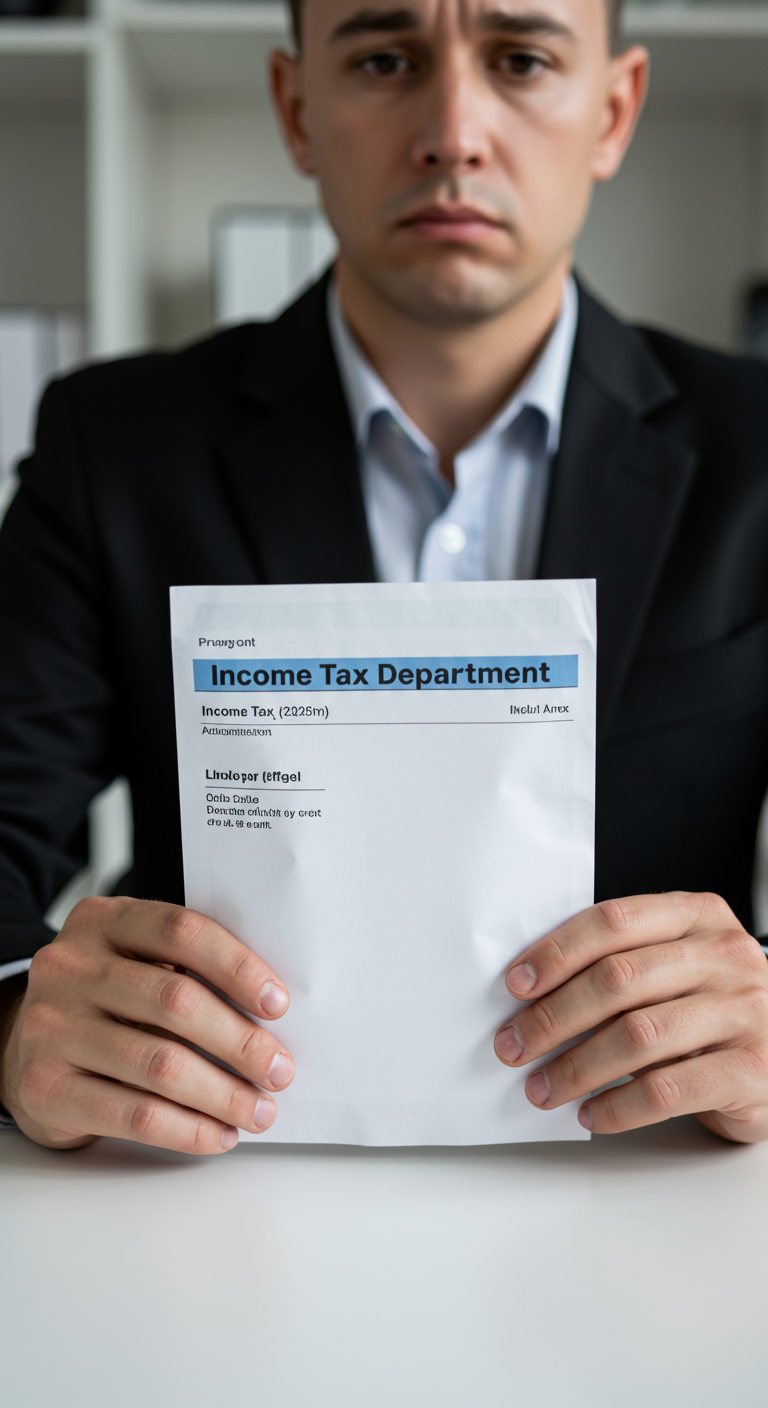 Worried person holding an official tax notice letter.