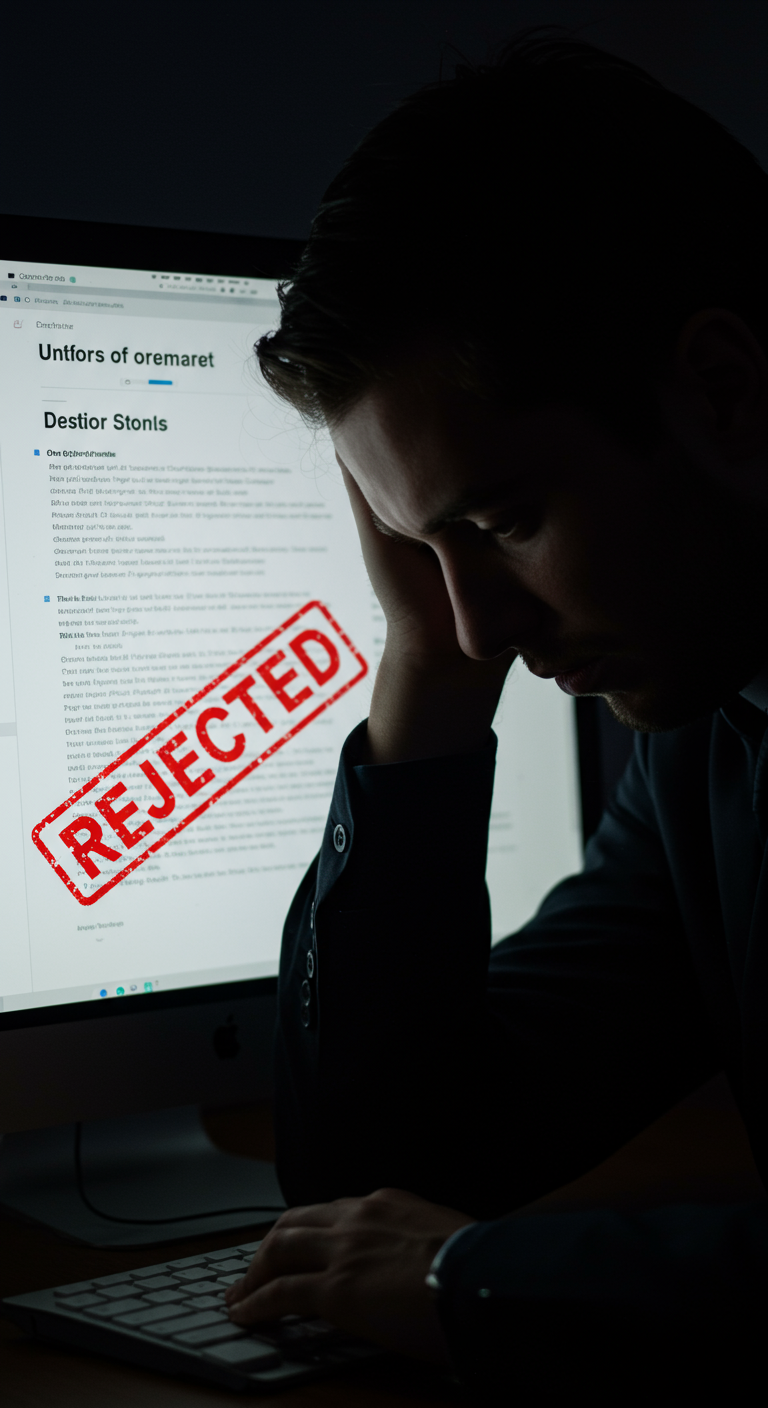 An entrepreneur looking frustrated at a company name rejection notice on their computer screen.