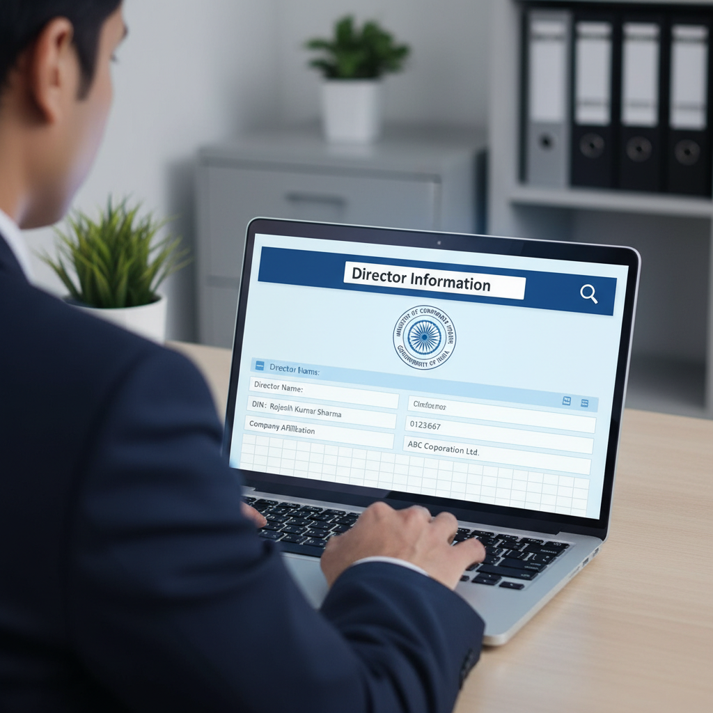 A laptop screen showing the Ministry of Corporate Affairs director database, symbolizing access to official corporate data.