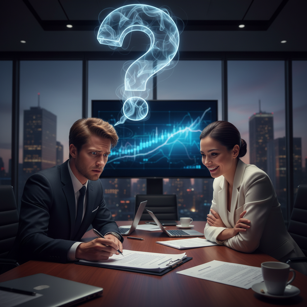 Business professional looking concerned before signing a major contract.