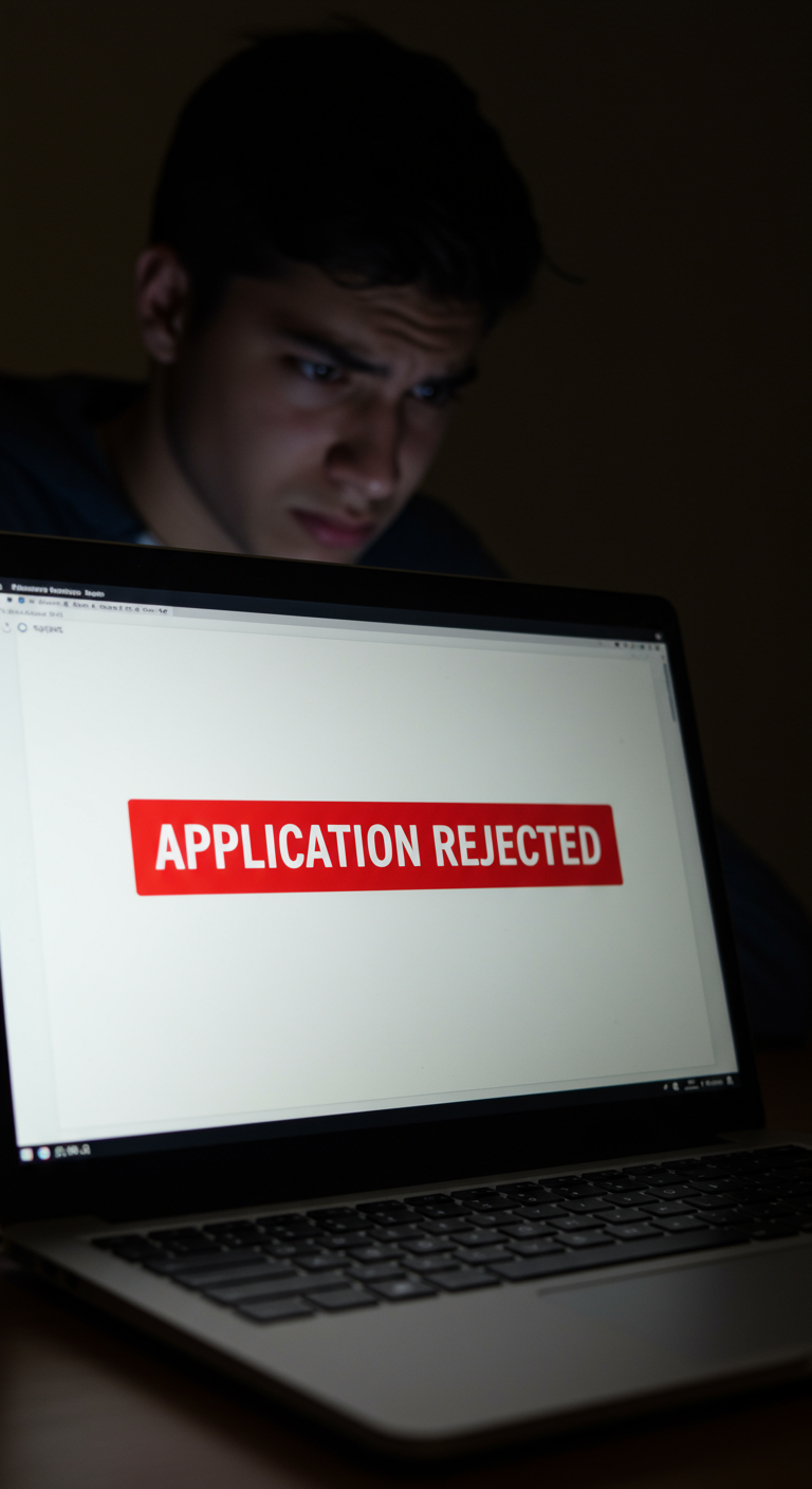 Laptop screen with a company name application rejected message.