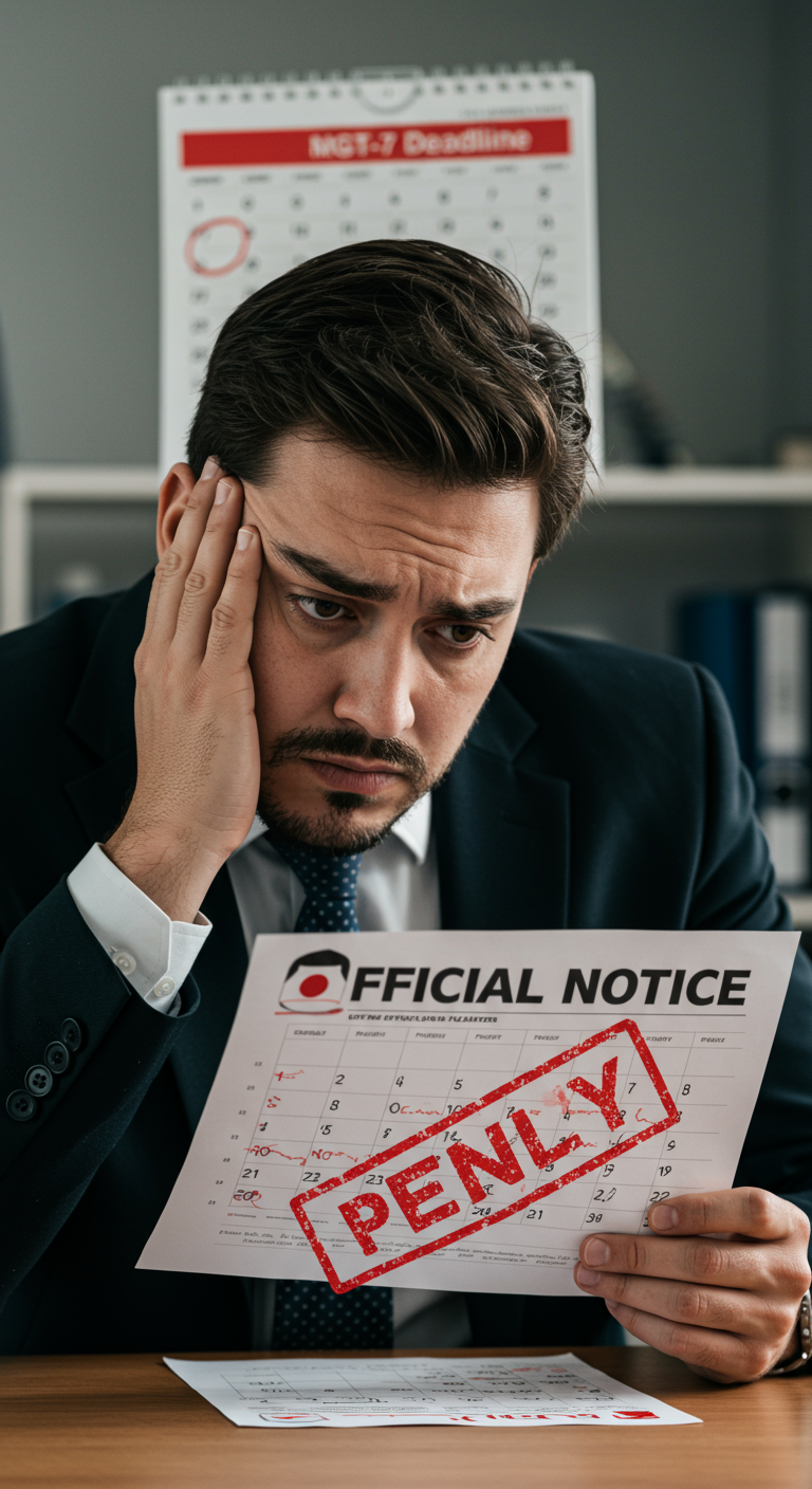 Stressed startup founder receiving a penalty notice for a missed compliance deadline.