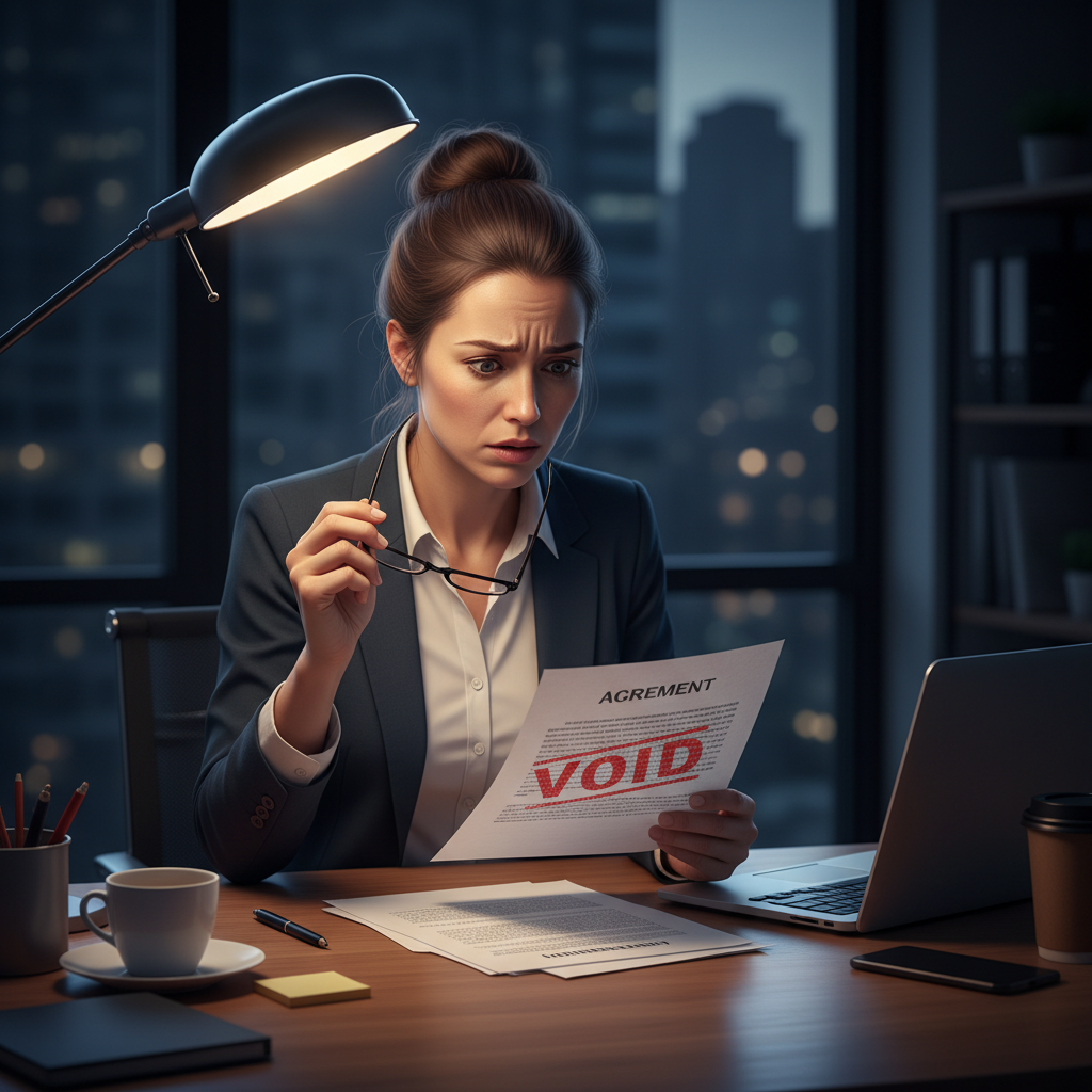 Worried business owner reviewing a legal document stamped 'VOID'.