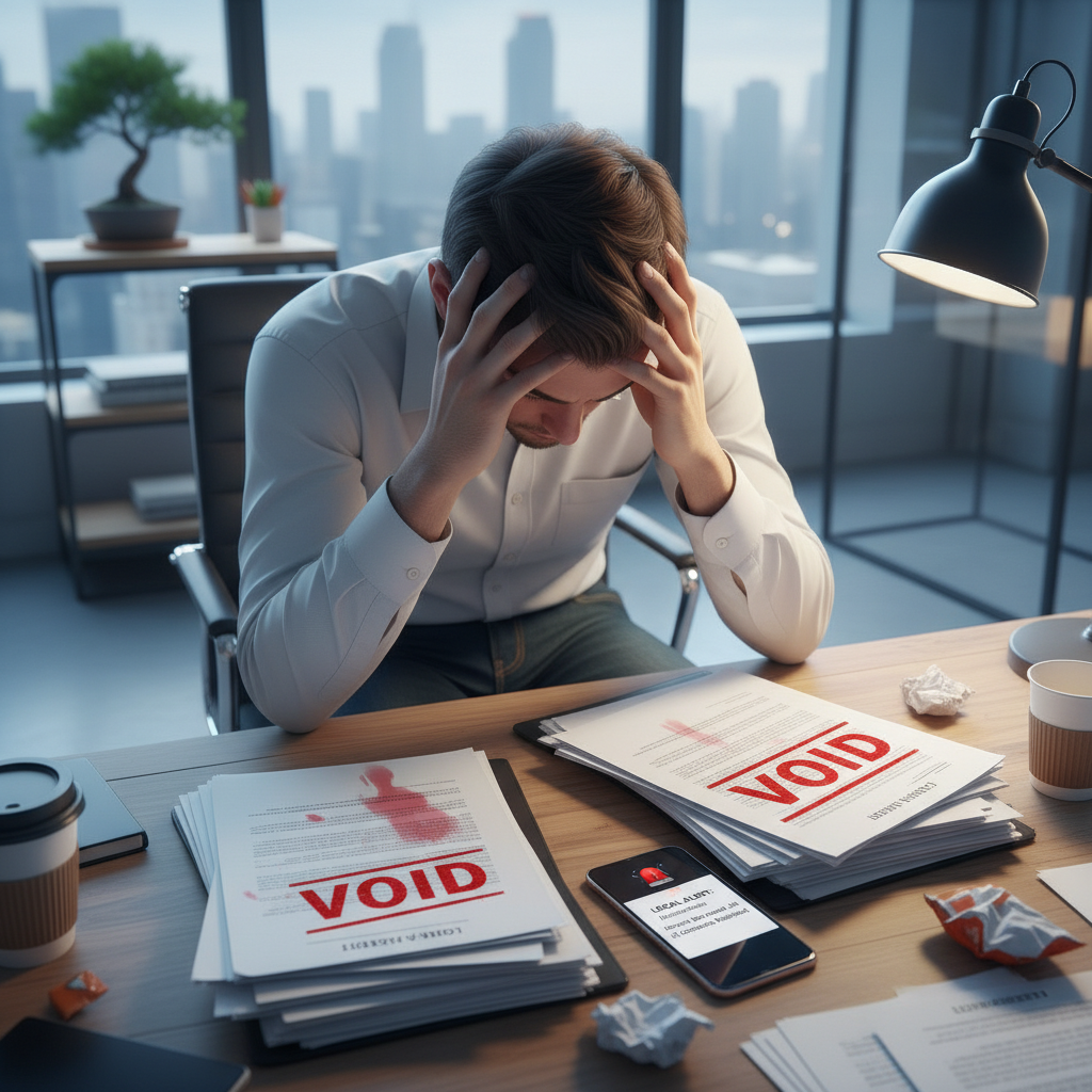 A distressed entrepreneur looks at a pile of voided contracts, illustrating a major business setback.