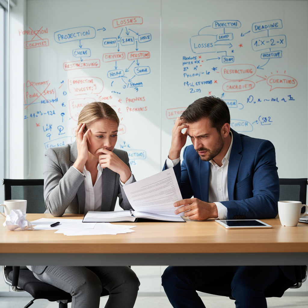 Two frustrated co-founders reviewing legal paperwork in a modern startup office.