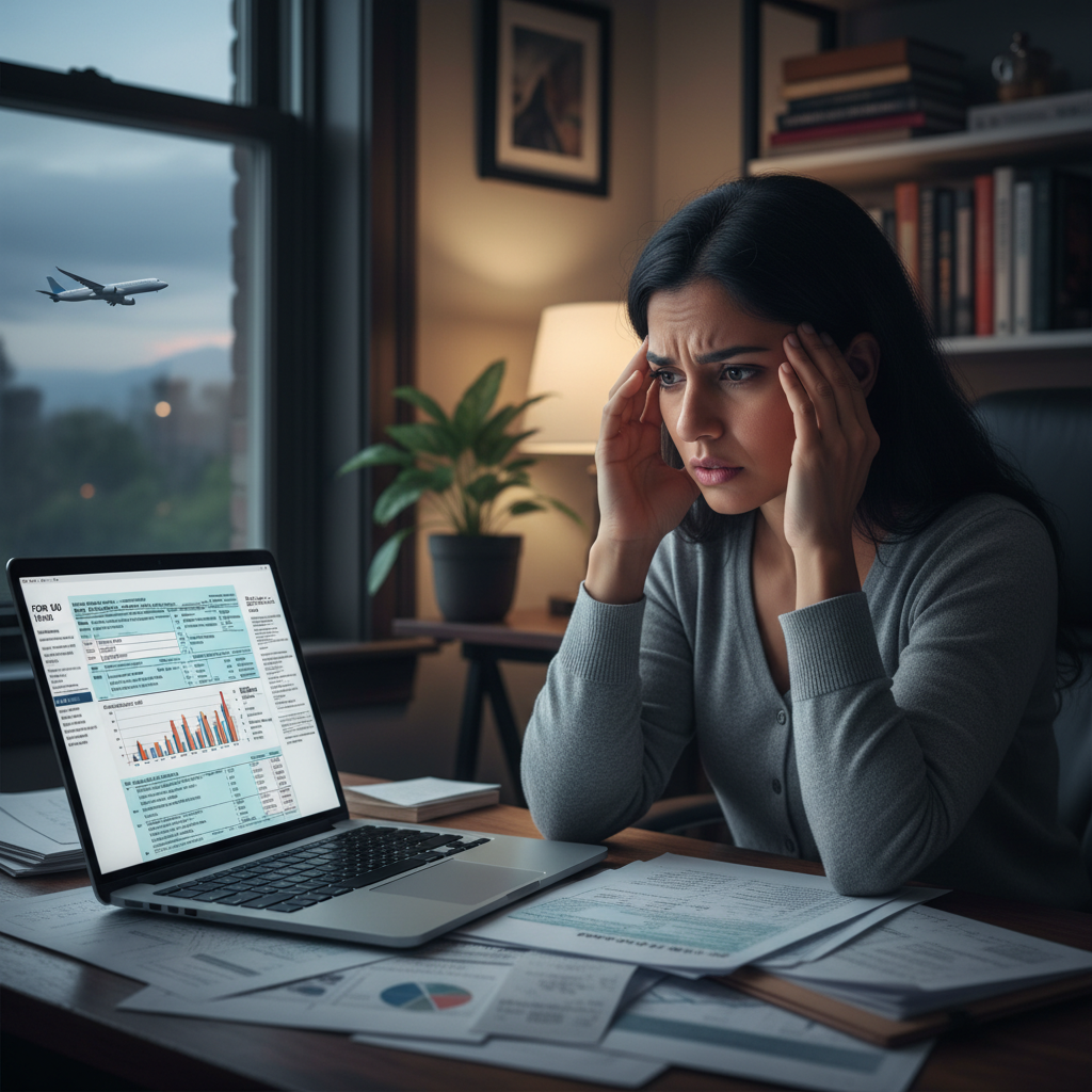 A person looking stressed while reviewing financial documents on a laptop.