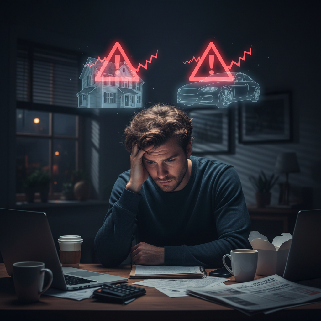 A stressed solo entrepreneur worrying about losing their personal assets.