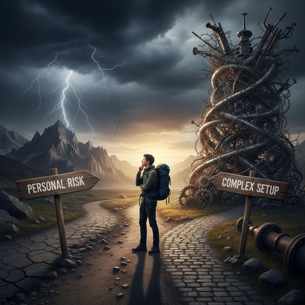 Illustration of an entrepreneur at a crossroads, choosing between personal risk and complex business setup.