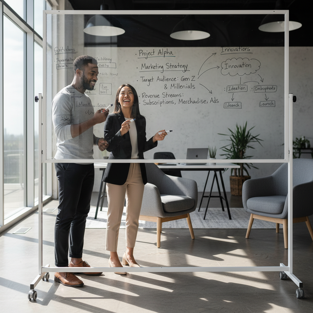 Two business partners collaborating on a business plan on a whiteboard.