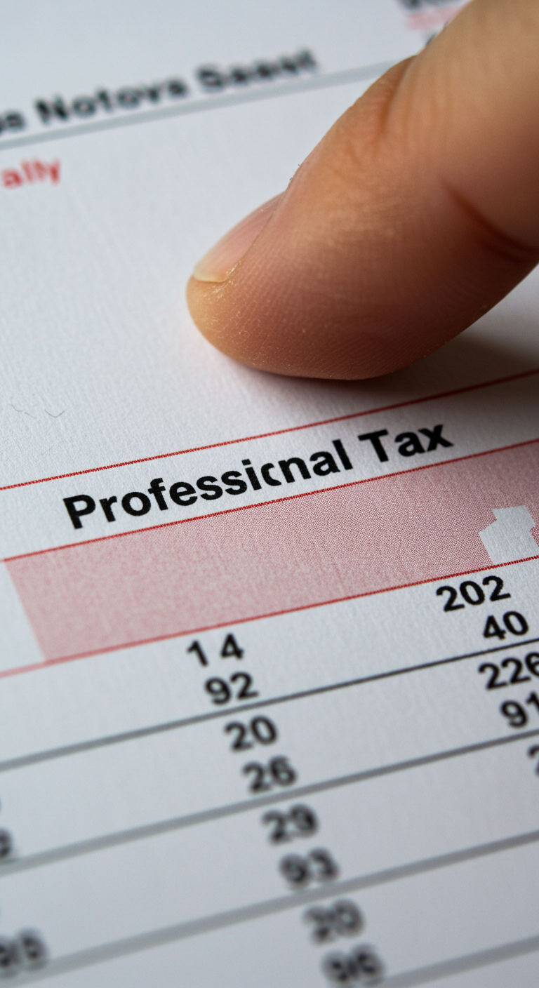 Finger pointing to the professional tax deduction on a salary slip.