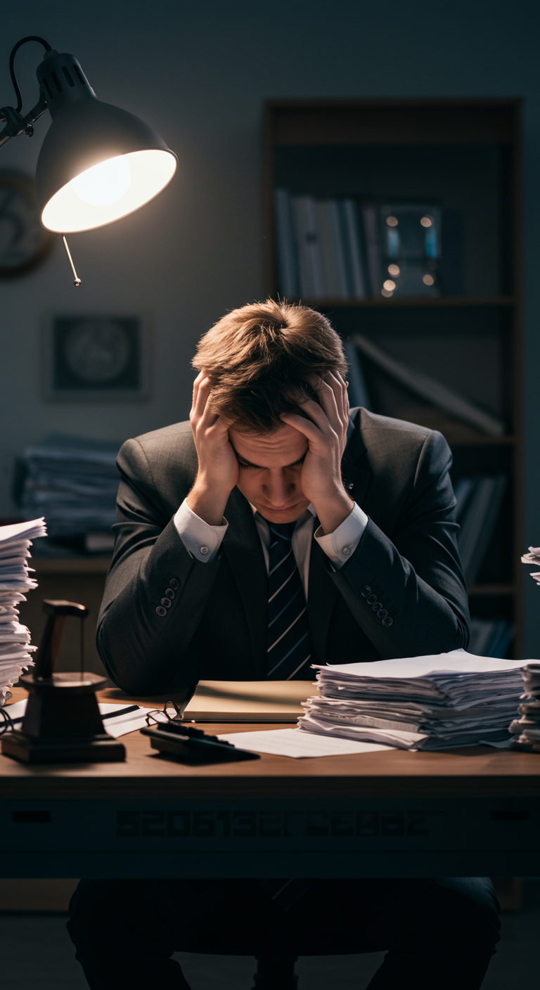A worried founder overwhelmed by paperwork, symbolizing the risks of a poor business structure.