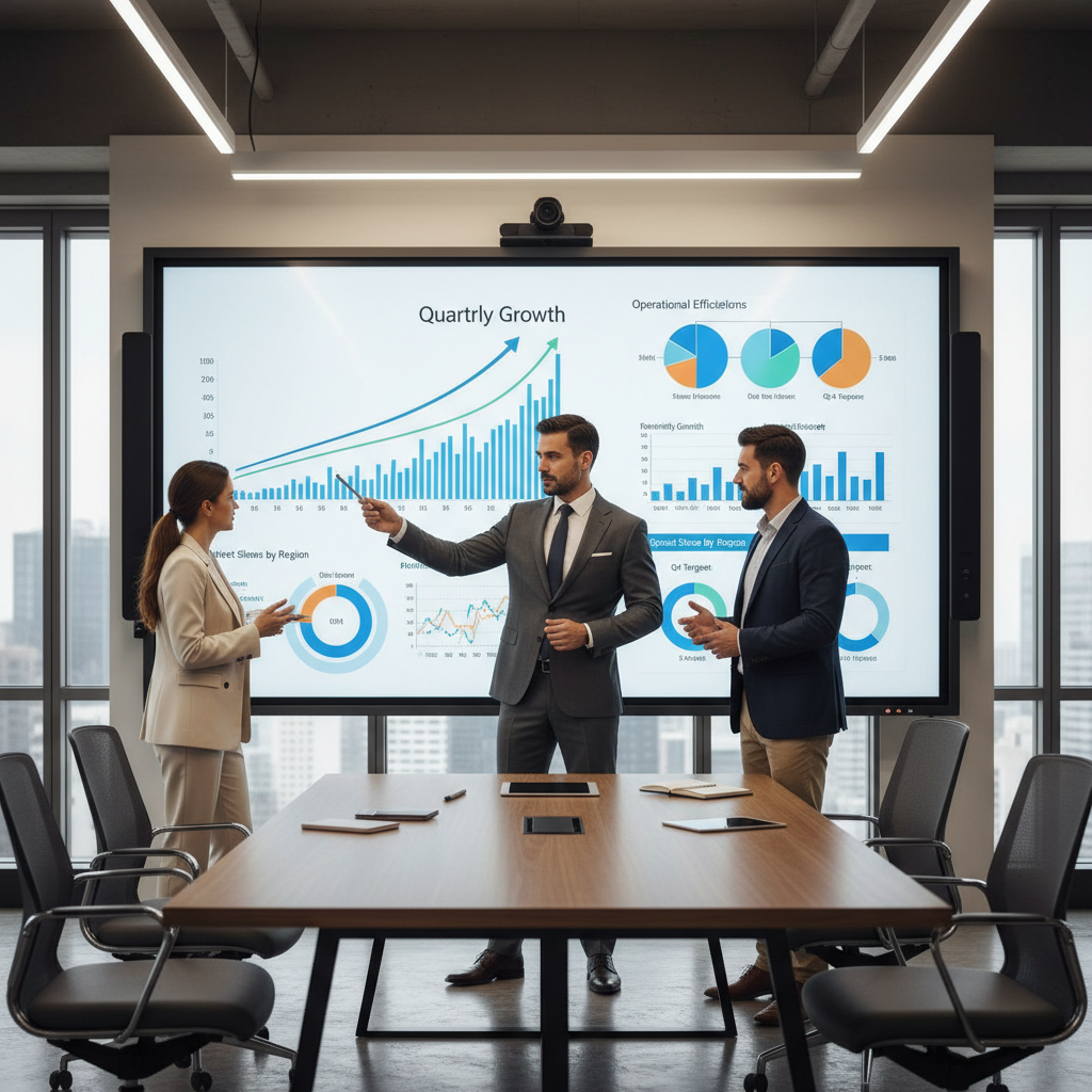 A Chartered Accountant presenting a business growth strategy on a digital screen to colleagues.