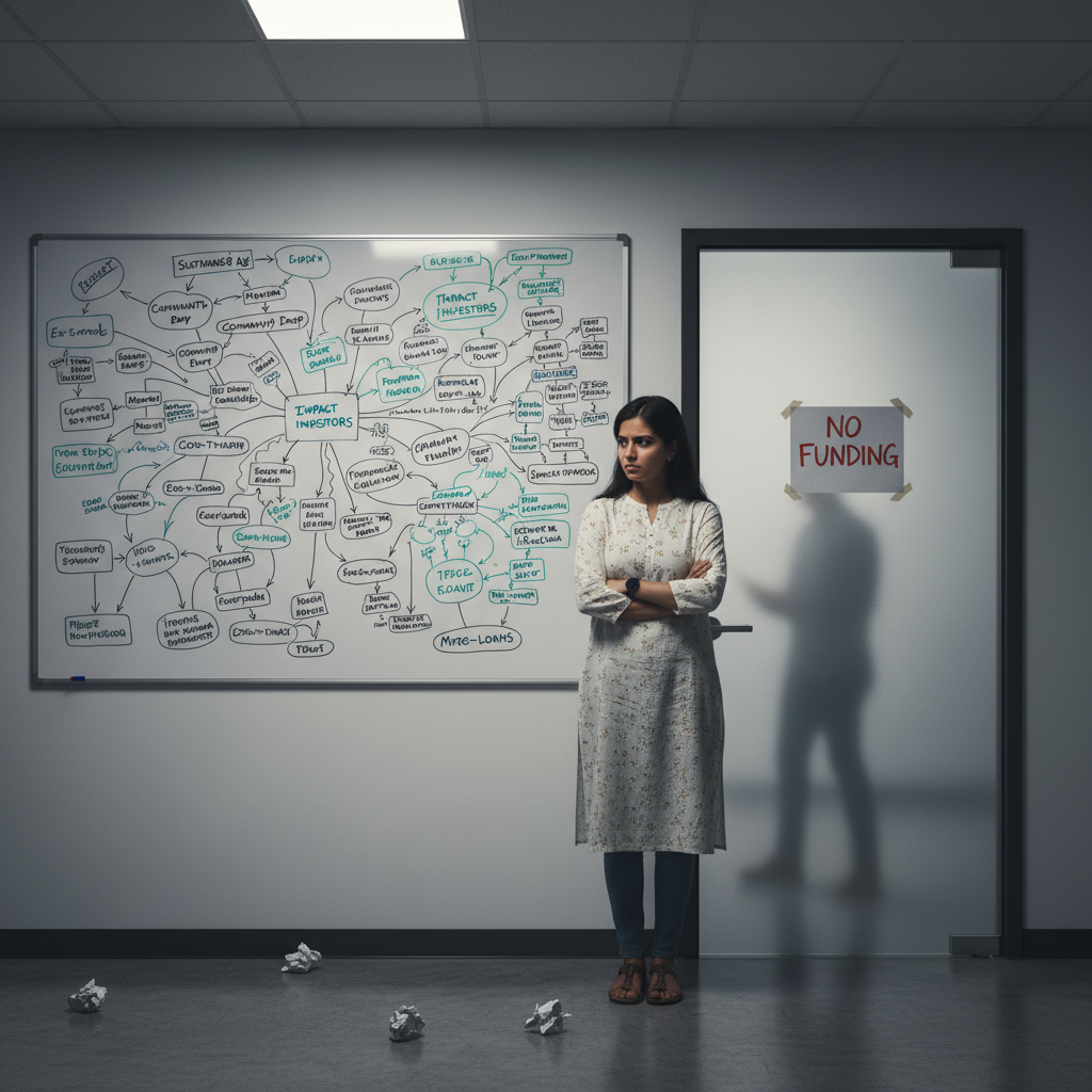 Social entrepreneur facing a closed door labeled 'No Funding'.