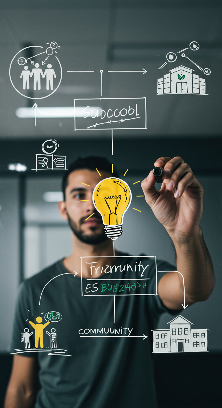 An entrepreneur planning a social impact project on a glass wall.