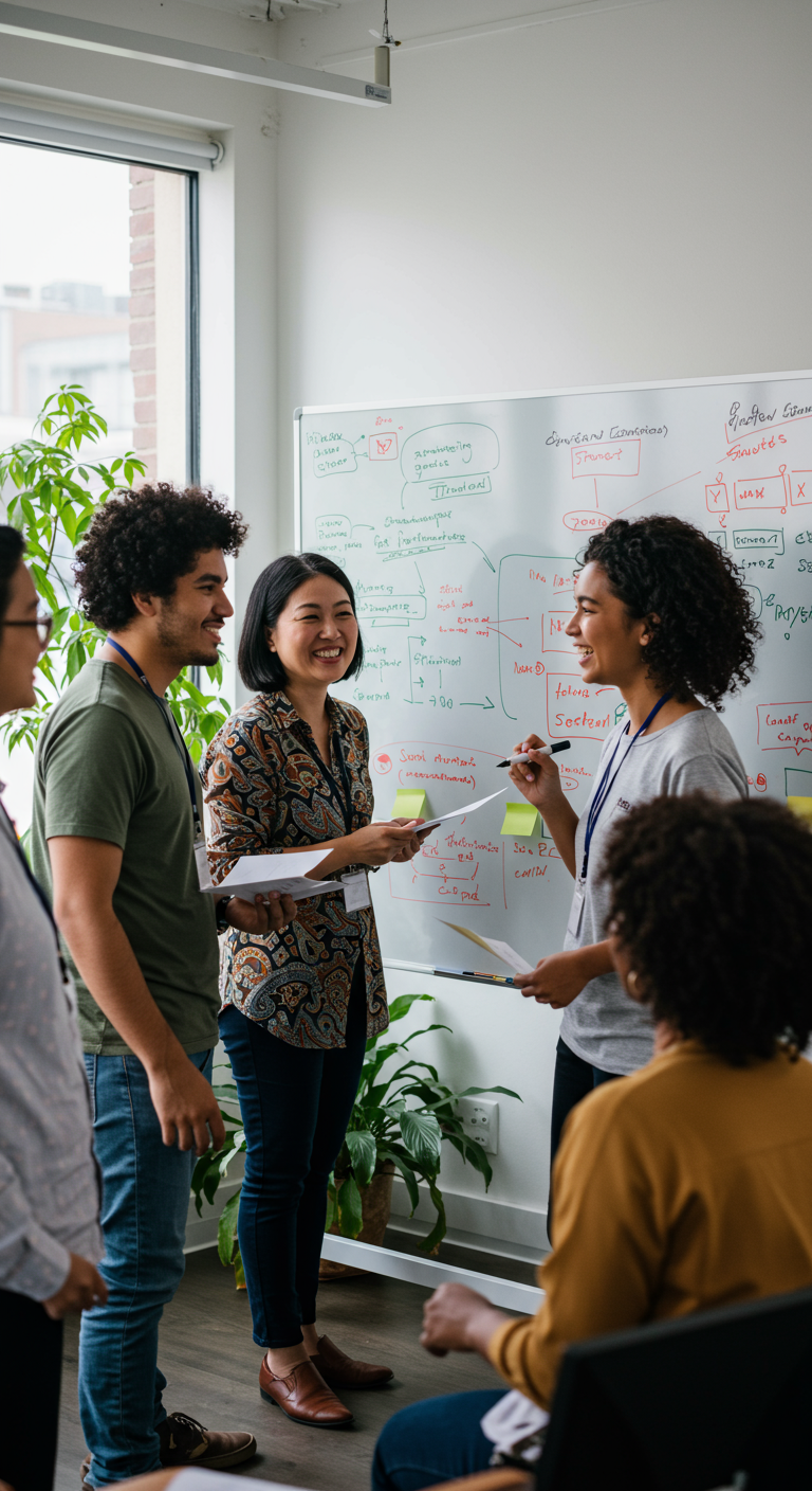 Social entrepreneurs collaborating on a social impact project in a modern office.