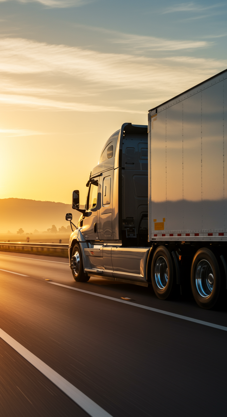 A large semi-truck speeding down a highway at dawn, symbolizing the constant movement of goods.