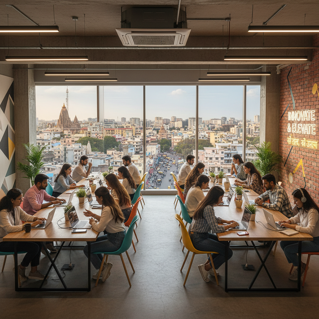 Young entrepreneurs working together in a modern Indian office.