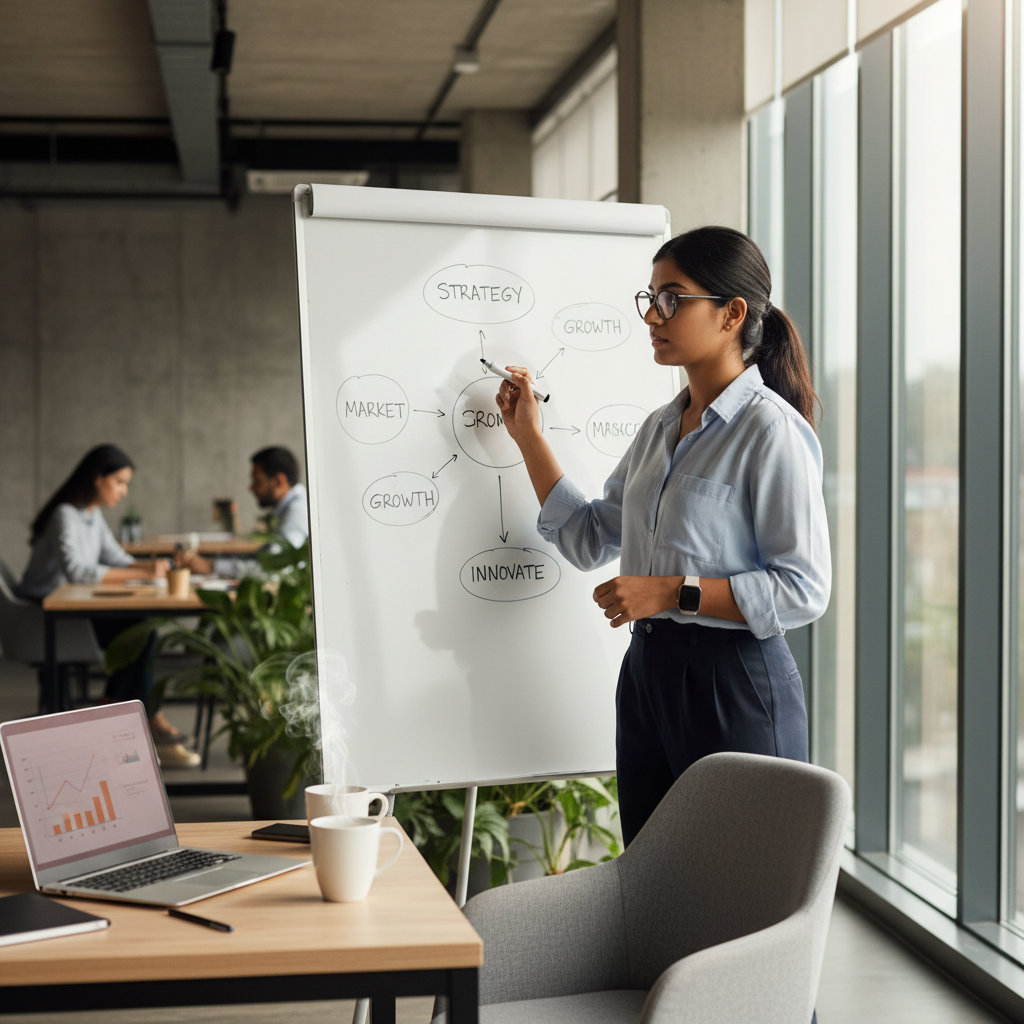 An entrepreneur planning business ideas on a whiteboard in an office.