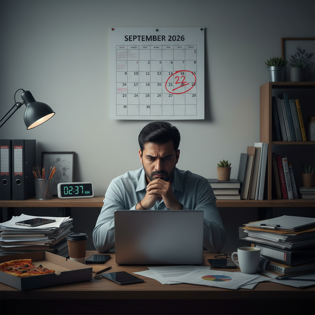 A stressed business owner working late to meet the 2026 tax audit deadline, surrounded by paperwork.