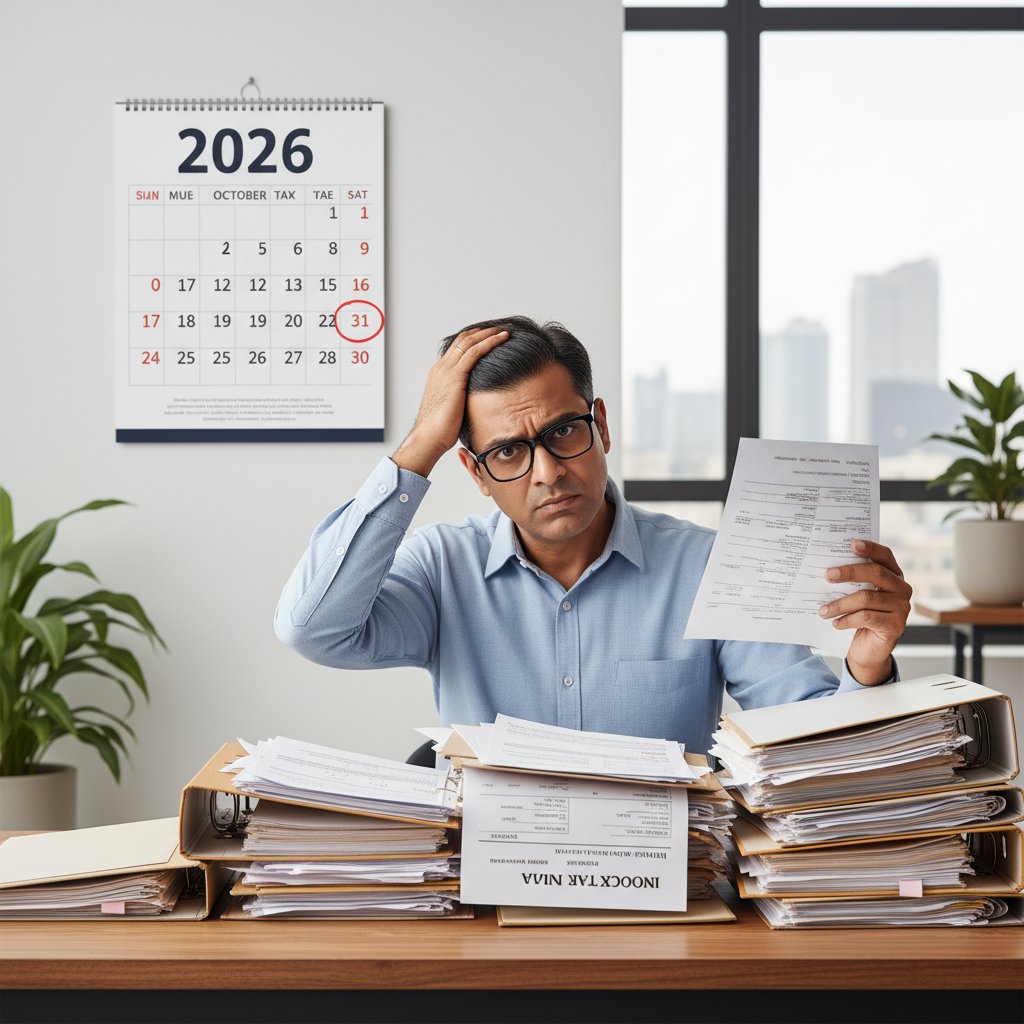 A business owner looking stressed while reviewing tax forms for 2026.