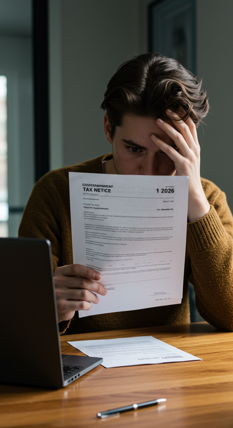Worried person holding a tax notice in a modern office.