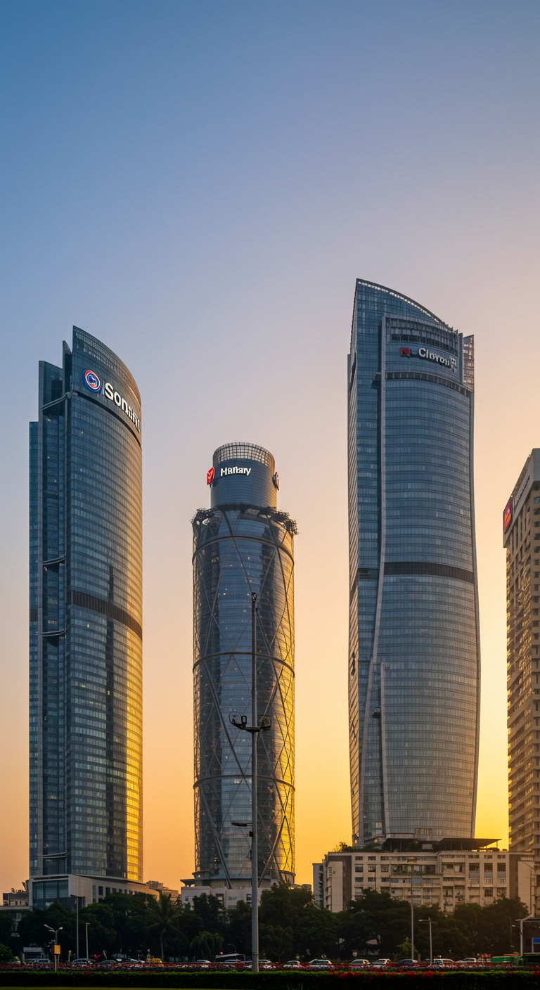 Four modern skyscrapers symbolizing the Big Four firms in a bustling Indian city.