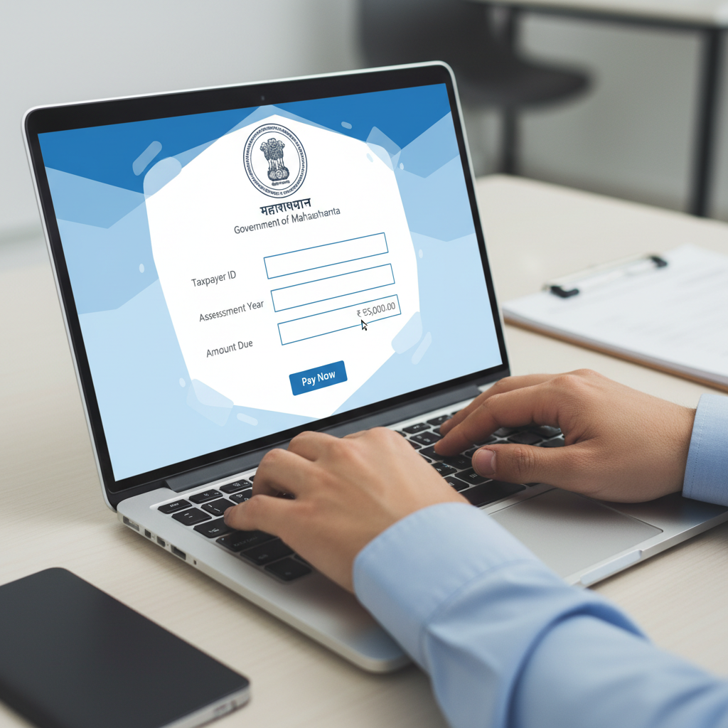 A person using a laptop to access an online tax payment portal for Maharashtra.