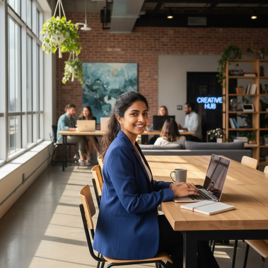 A confident Indian freelancer working on a laptop in a bright co-working space.