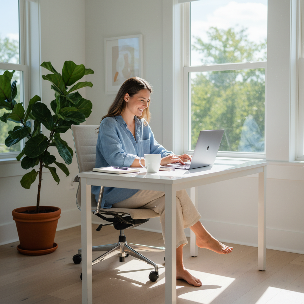 Solo entrepreneur happily working on their laptop in a bright home office.