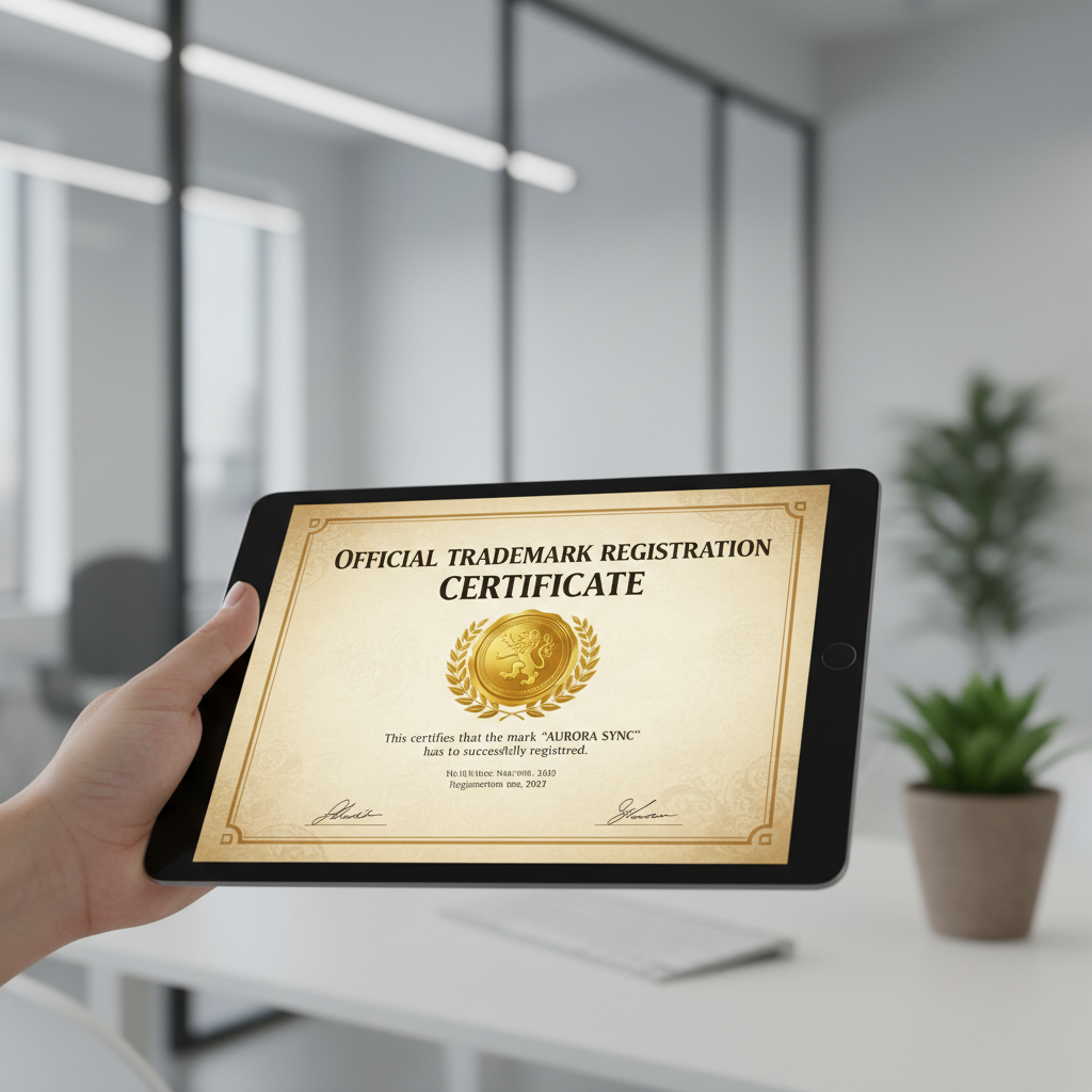 Hand holding a tablet showing a digital trademark certificate.