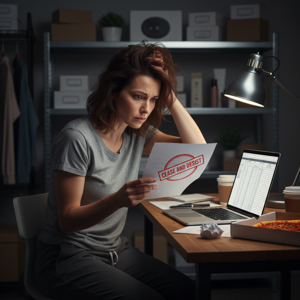 Anxious business owner holding a cease-and-desist letter in their office.
