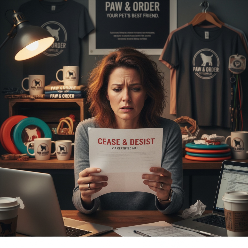 A business owner looking stressed while reading a legal document in an office full of branded products.