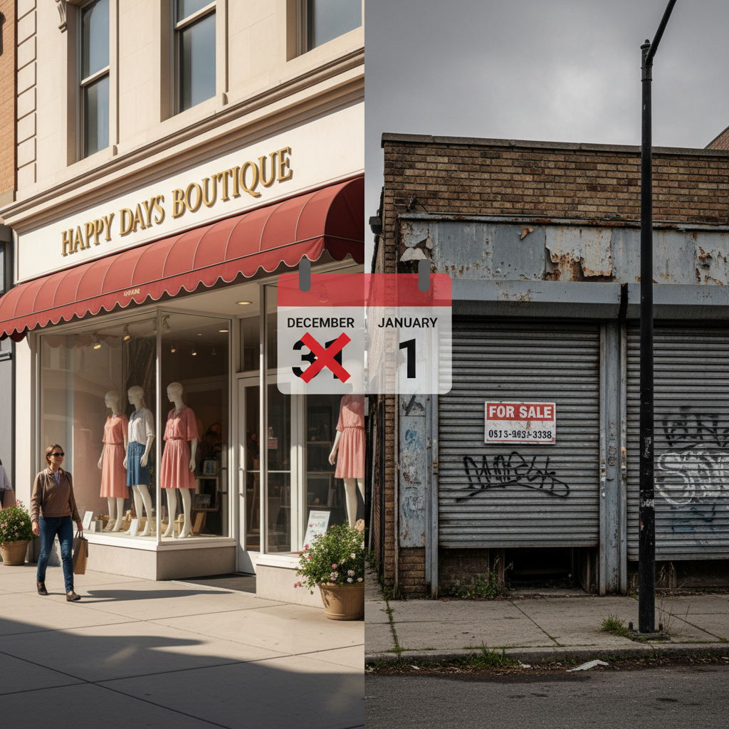 A comparison of a successful business and a failed one, symbolizing the risk of losing a brand.