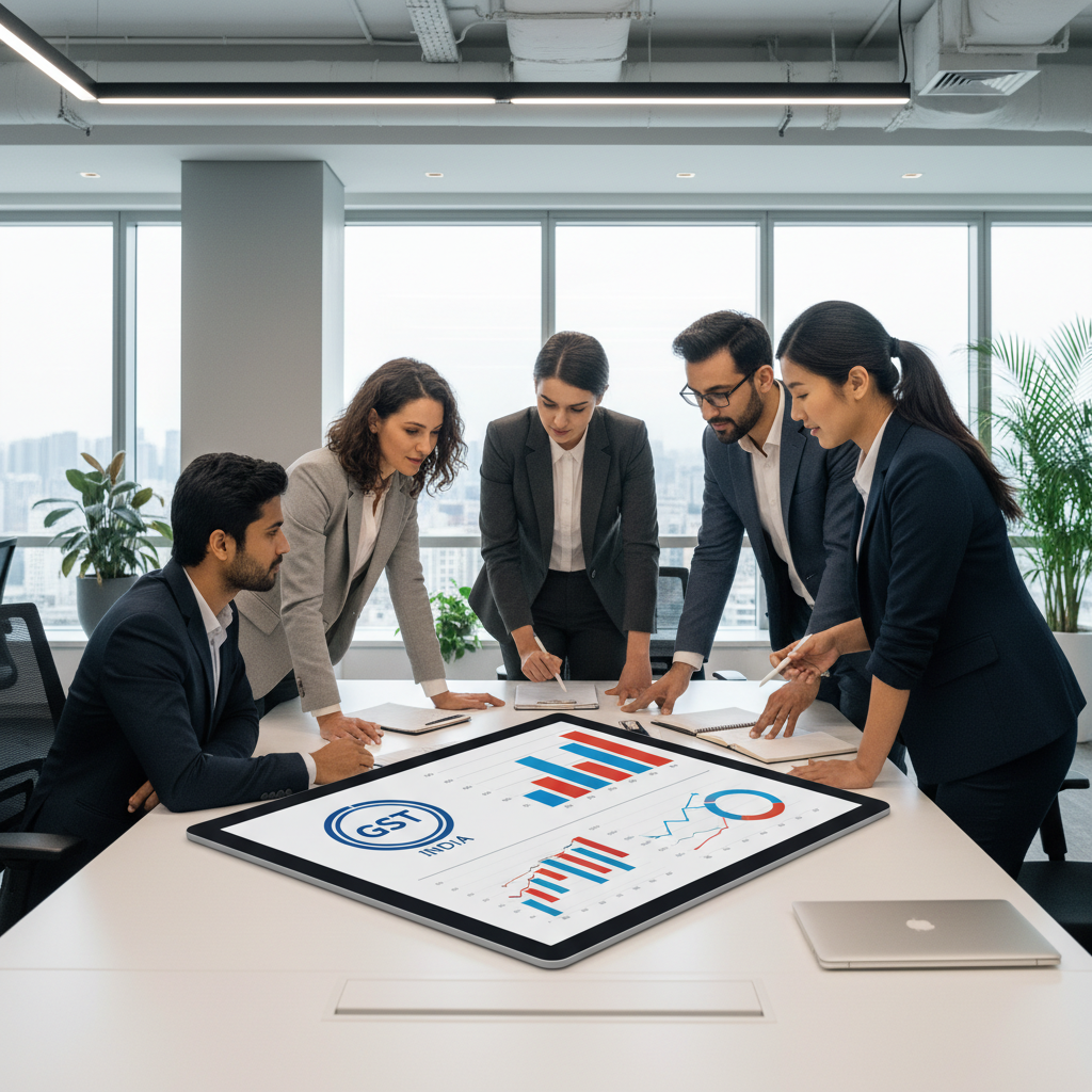 Professionals in a modern office discussing GST compliance for their service business.