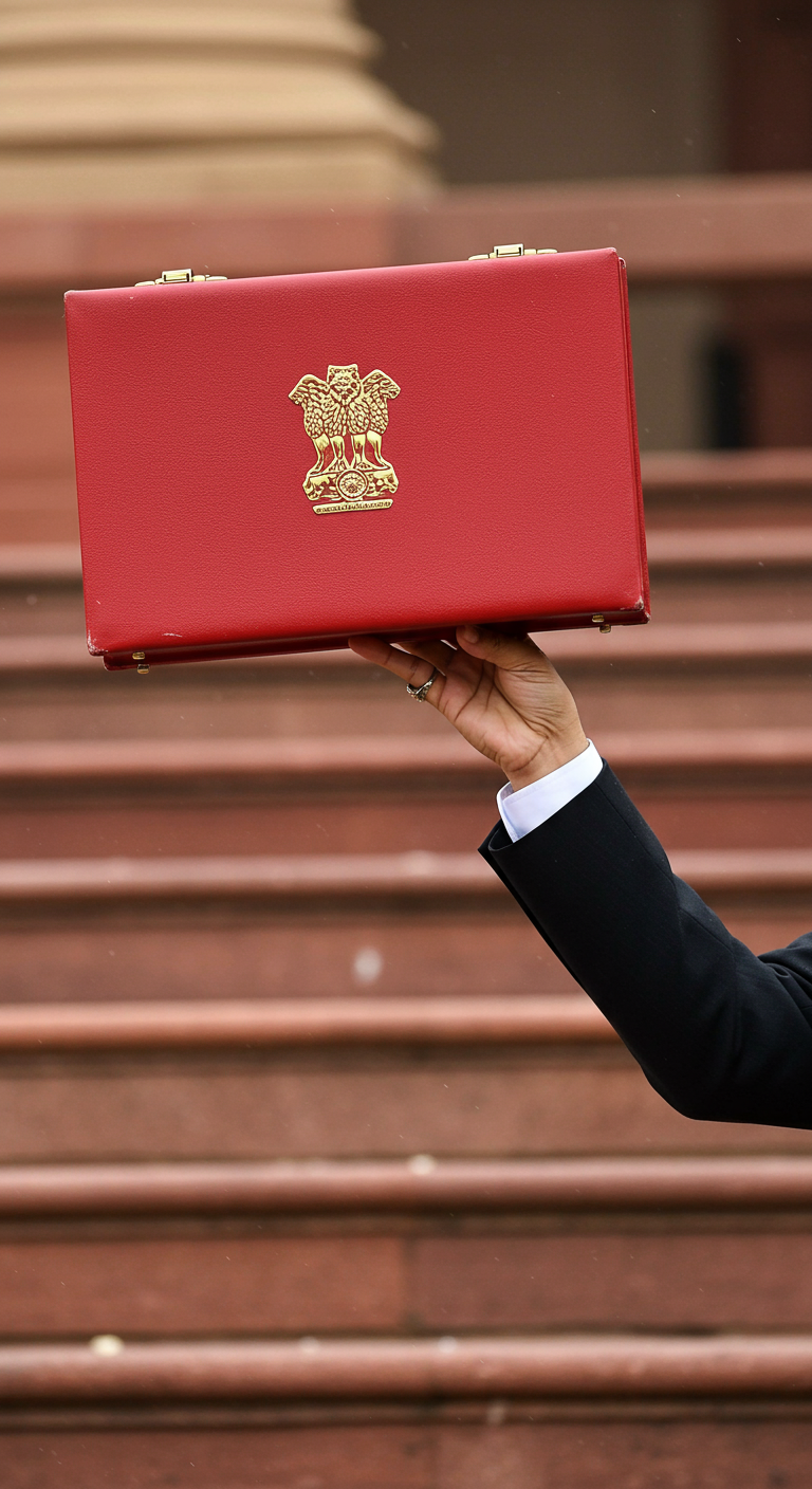 The Indian Finance Minister presenting the Union Budget 2026 briefcase.