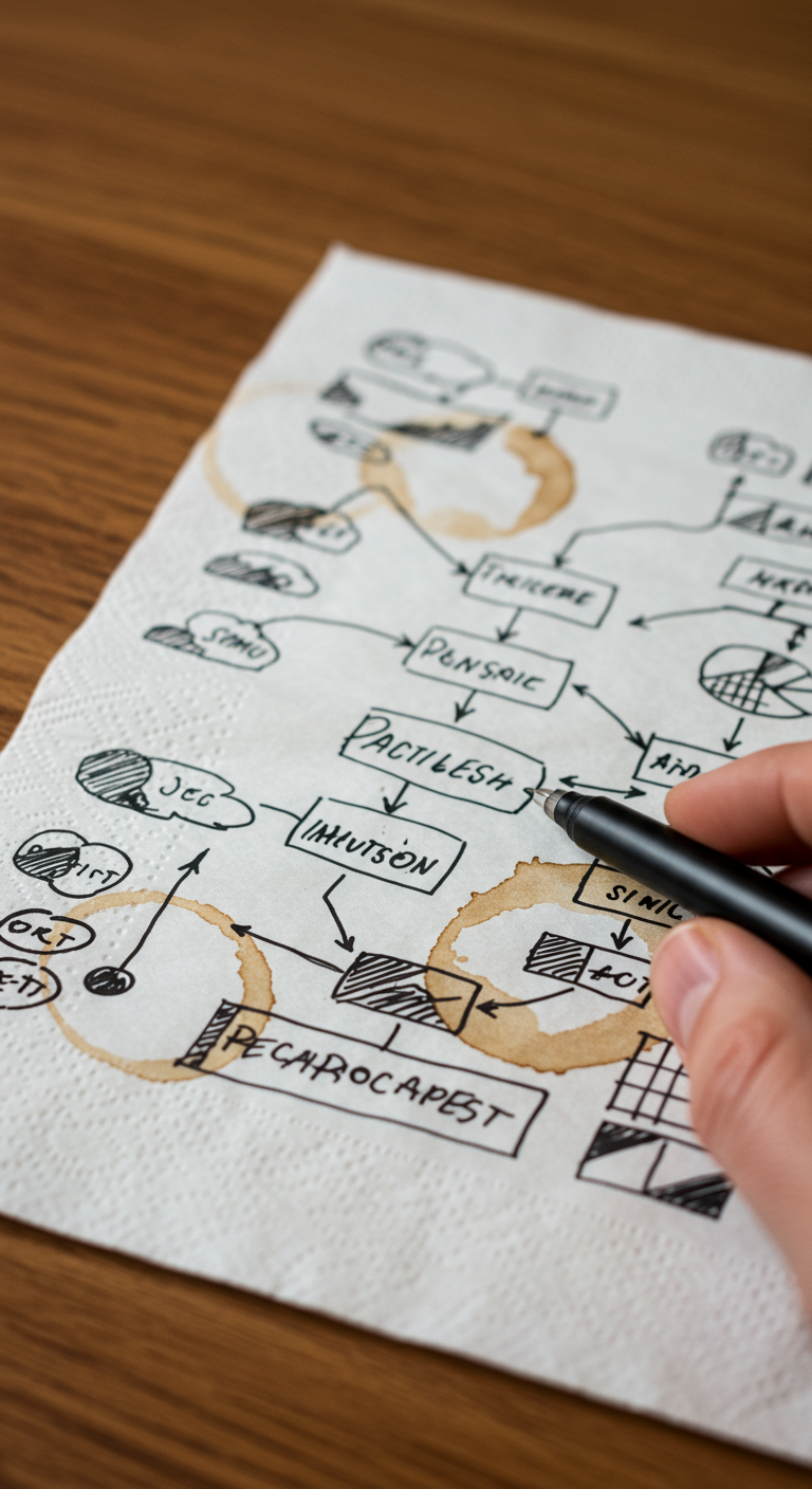 A detailed business plan sketched onto a coffee-stained napkin.