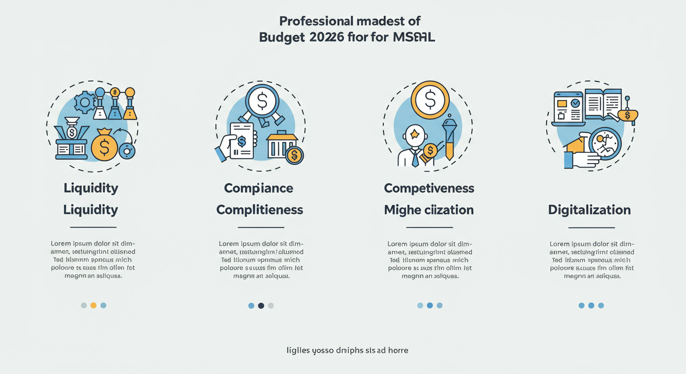Budget 2026 for MSME - Professional infographic with four icons representing Liquidity, Compliance, Competitiveness, and Digitalization, summarizing the four pillars of the Budget 2026 for MSMEs.