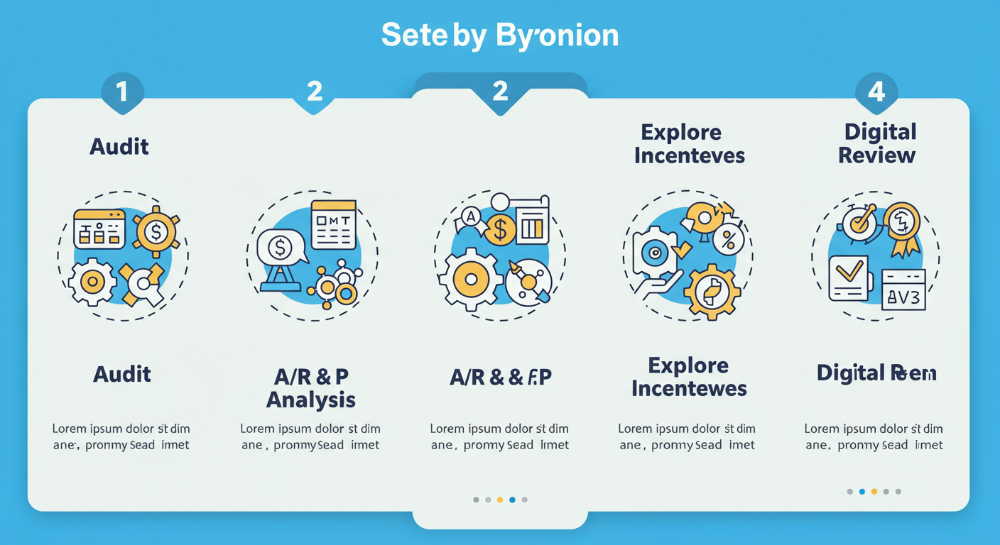 Budget 2026 for MSME - A step-by-step diagram as a high-quality graphic, showing the 5 steps: Audit, Credit Strategy, A/R & A/P Analysis, Explore Incentives, Digital Review. Use icons for each step.