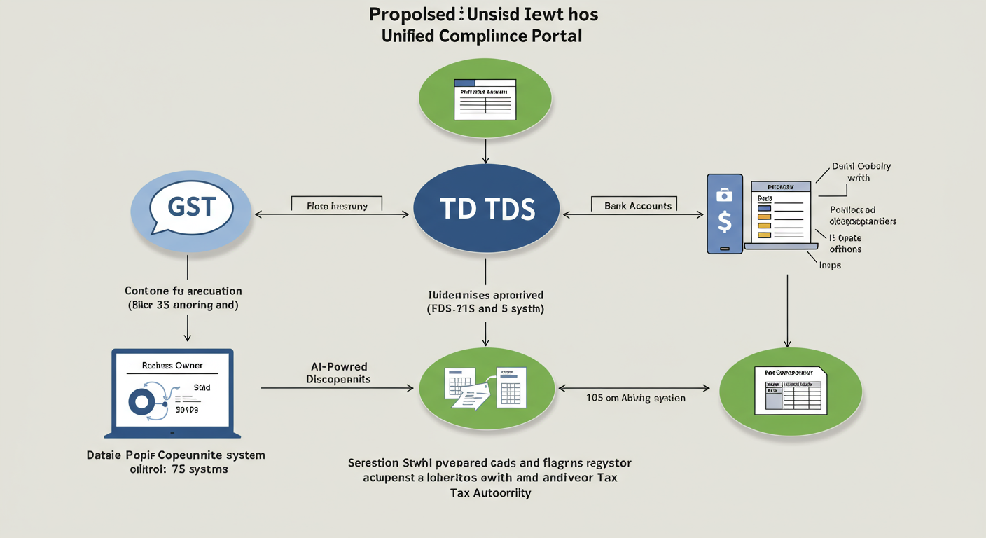 Budget 2026 for MSME - A clean flowchart diagram showing the proposed 'Unified Compliance Portal'. Data from GST, TDS, and Bank Accounts flows into a central AI-powered system, which then pre-fills returns and flags discrepancies for the business owner and tax authorities.