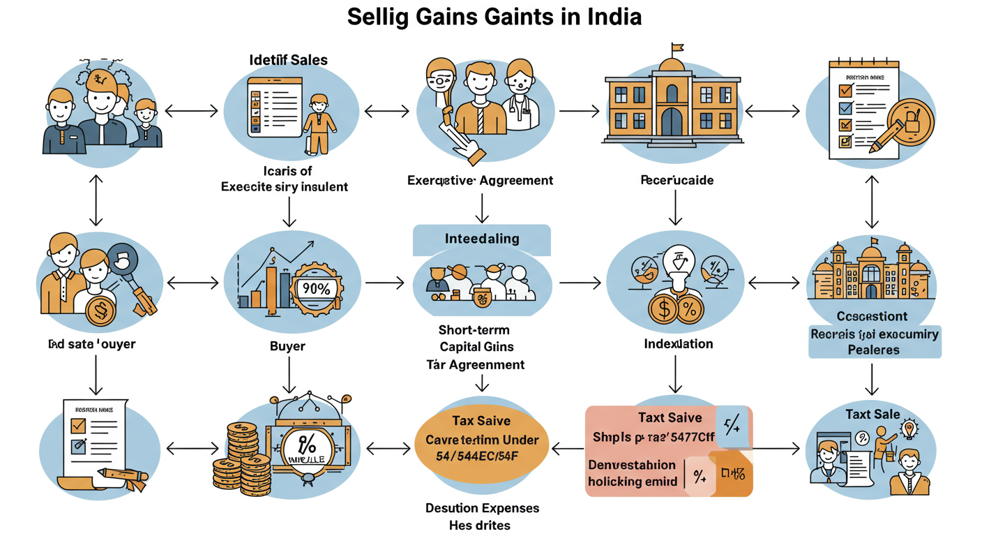 capital gains tax India - Professional infographic flowchart showing the process from selling a capital asset to calculating and paying capital gains tax in India, including the key tax-saving exemption pathways.