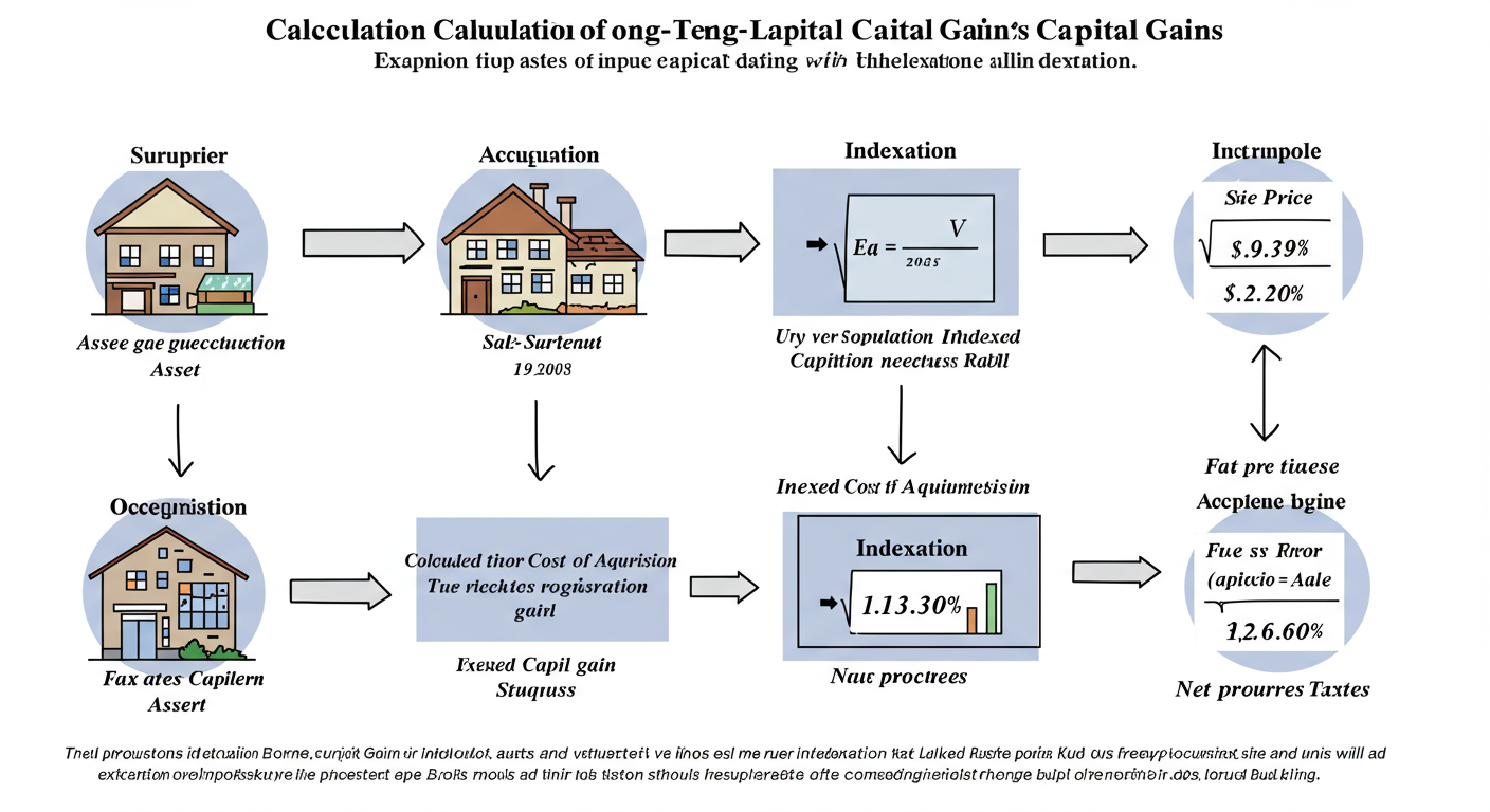 capital gains tax India - Step-by-step diagram illustrating the calculation of Long-Term Capital Gains with an example, showing the impact of indexation.