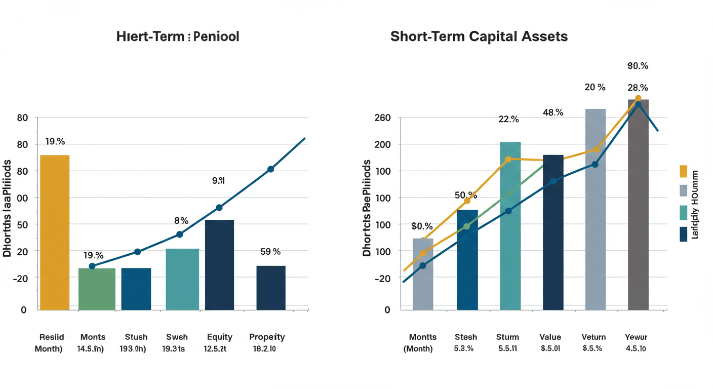 capital gains tax India - A clean, modern data visualization comparing the holding periods for Short-Term vs. Long-Term Capital Assets (Equity, Property, Gold, Debt Funds).