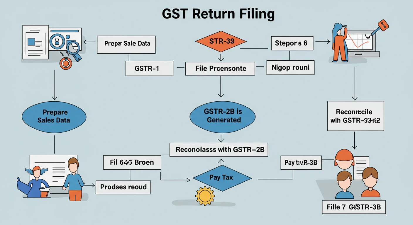 GST return filing process - Professional minimalist flowchart showing the GST return filing workflow: Step 1: Prepare Sales Data -> Step 2: File GSTR-1 -> Step 3: GSTR-2B is Generated -> Step 4: Reconcile Purchases with GSTR-2B -> Step 5: Prepare GSTR-3B -> Step 6: Pay Tax -> Step 7: File GSTR-3B.
