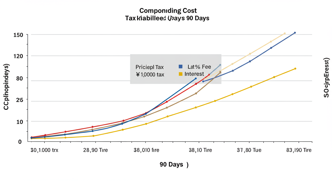 GST return filing process - A clean, modern data trend graph showing the compounding cost of a ₹10,000 tax liability delayed over 90 days, with separate lines for the principal tax, the accumulating late fee, and the accumulating 18% interest.
