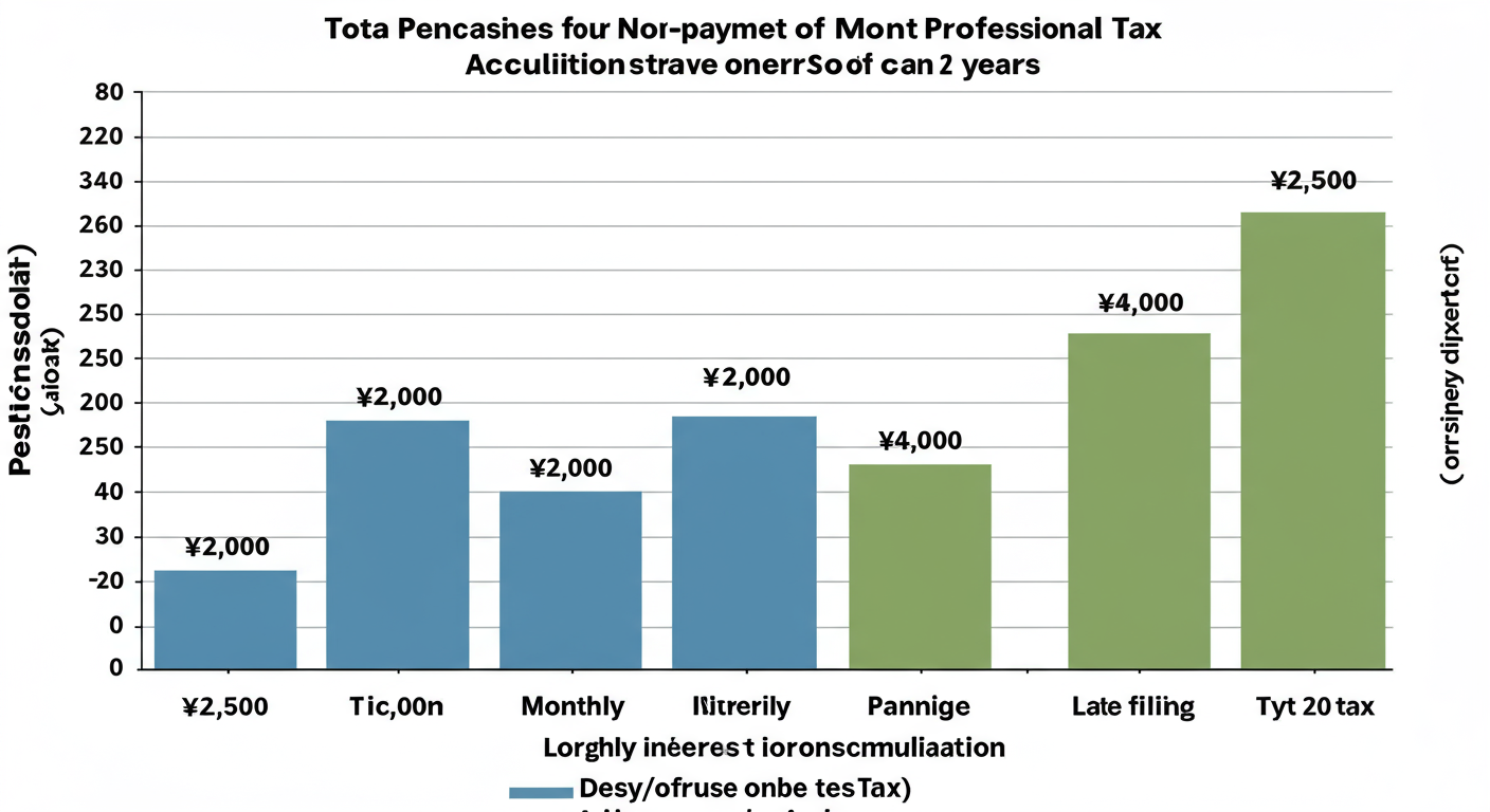 Professional Tax in India - Data visualization infographic showing how penalties for non-payment of a ₹2,500 Professional Tax can accumulate over 2 years. A small bar for the tax, with progressively larger bars for late registration penalty, monthly interest accumulation, and late filing fees, showing the total penalty far exceeding the tax.