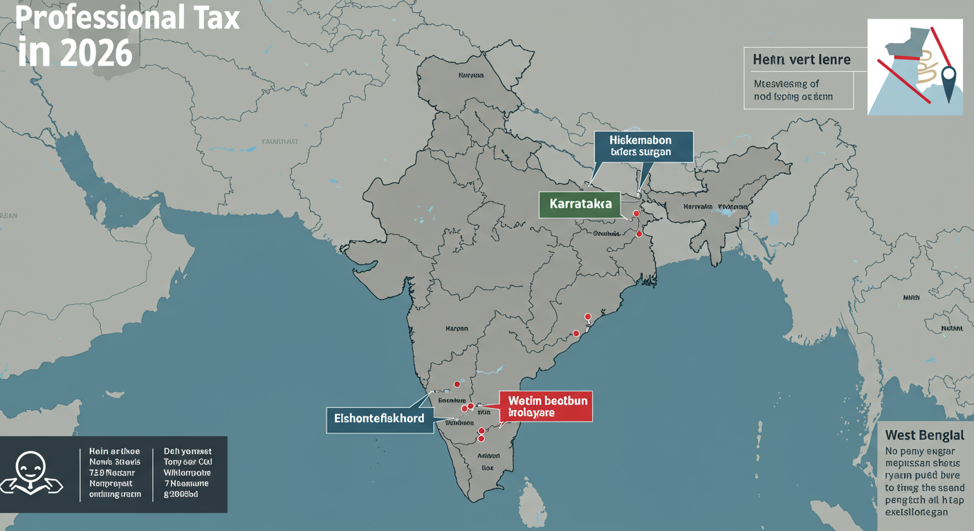 Professional Tax in India - Infographic map of India showing states that levy Professional Tax in 2026, with non-levying states like Delhi, Haryana, and UP grayed out. Key states like Maharashtra, Karnataka, and West Bengal are highlighted.