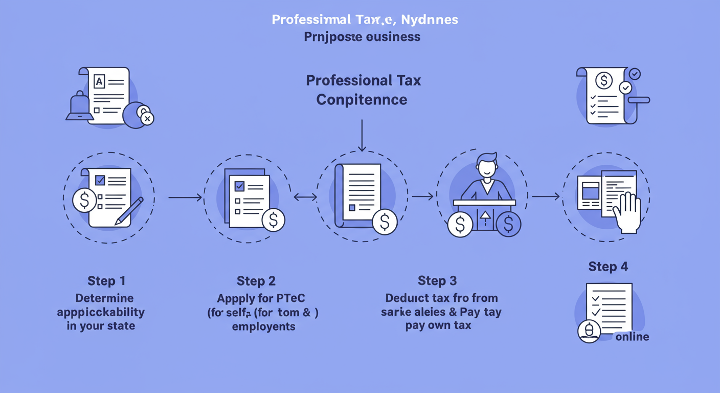 Professional Tax in India - Professional minimalist flowchart showing the Professional Tax compliance process for a new business: Step 1: Determine applicability in your state, Step 2: Apply for PTEC (for self) & PTRC (for employees), Step 3: Deduct tax from salaries & pay own tax, Step 4: File monthly/annual returns online.