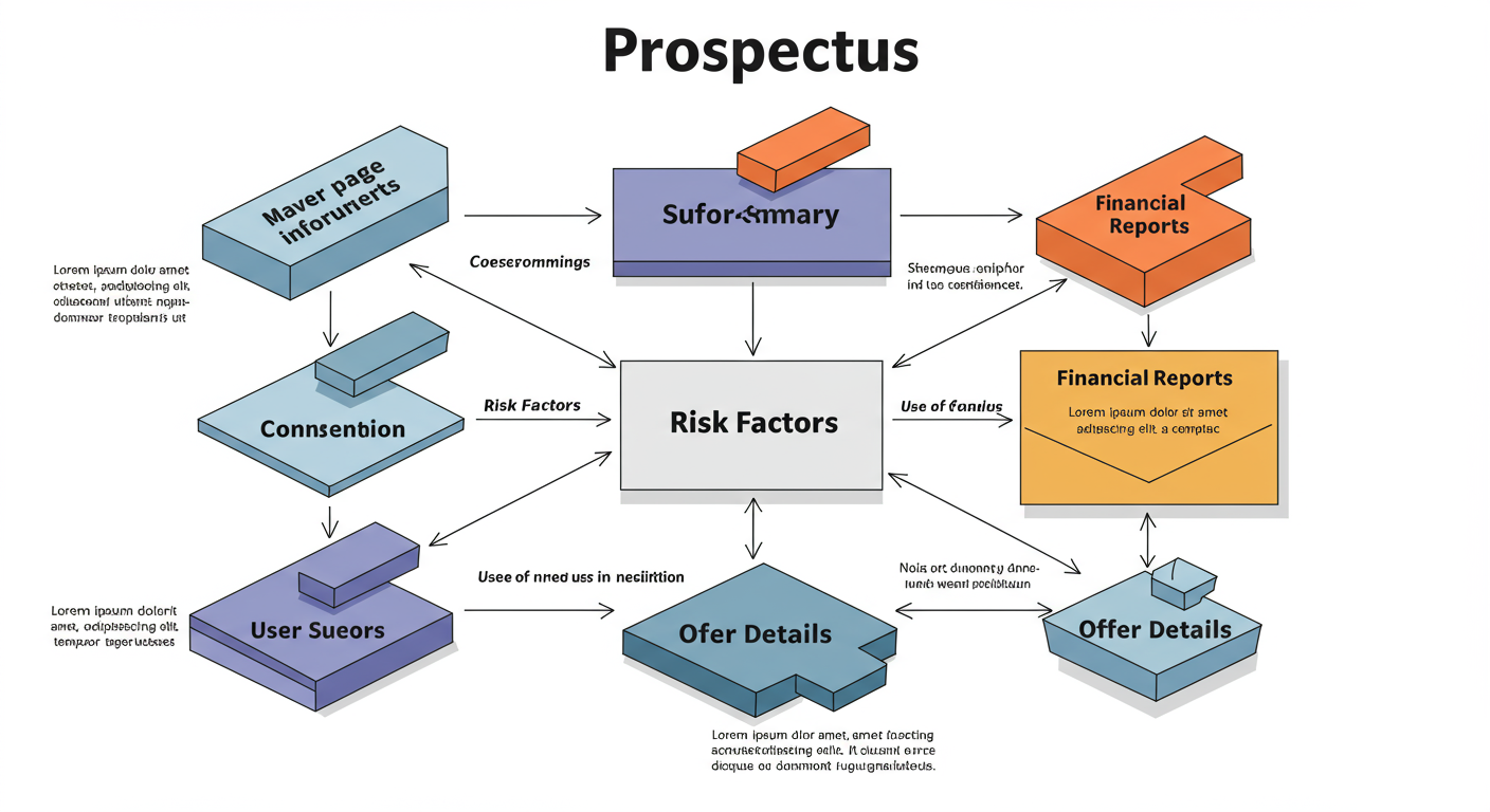 prospectus in company law - A detailed diagram illustrating the key sections of a prospectus document, with callouts pointing to 'Management Info', 'Financial Reports', and 'Offer Details'.