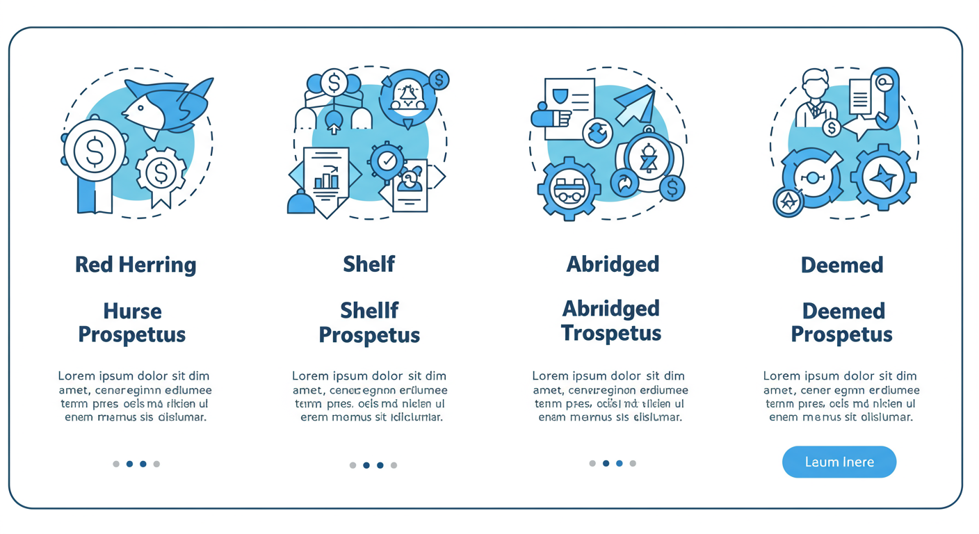 prospectus in company law - A clean, modern infographic comparing the four types of prospectus: Red Herring, Shelf, Abridged, and Deemed. Use icons and brief descriptions for each.